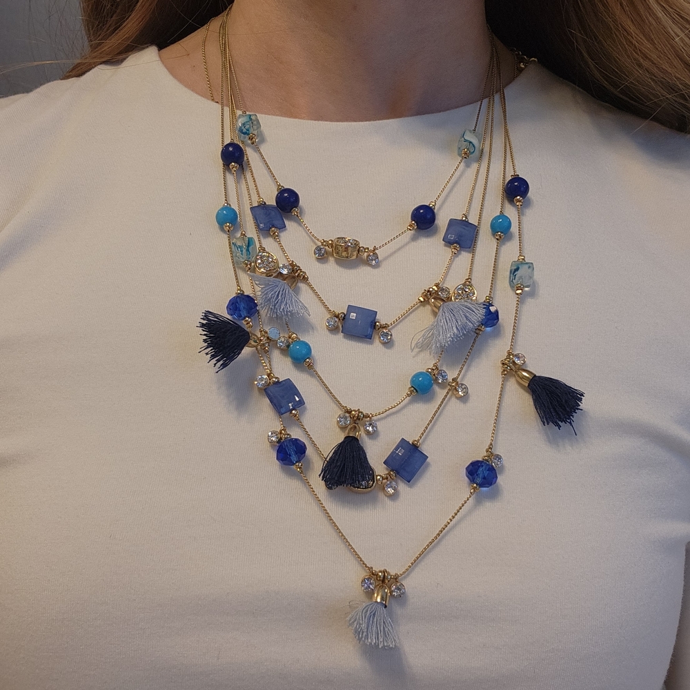 Anthropologie Blue and Gold Multi-Strand Necklace